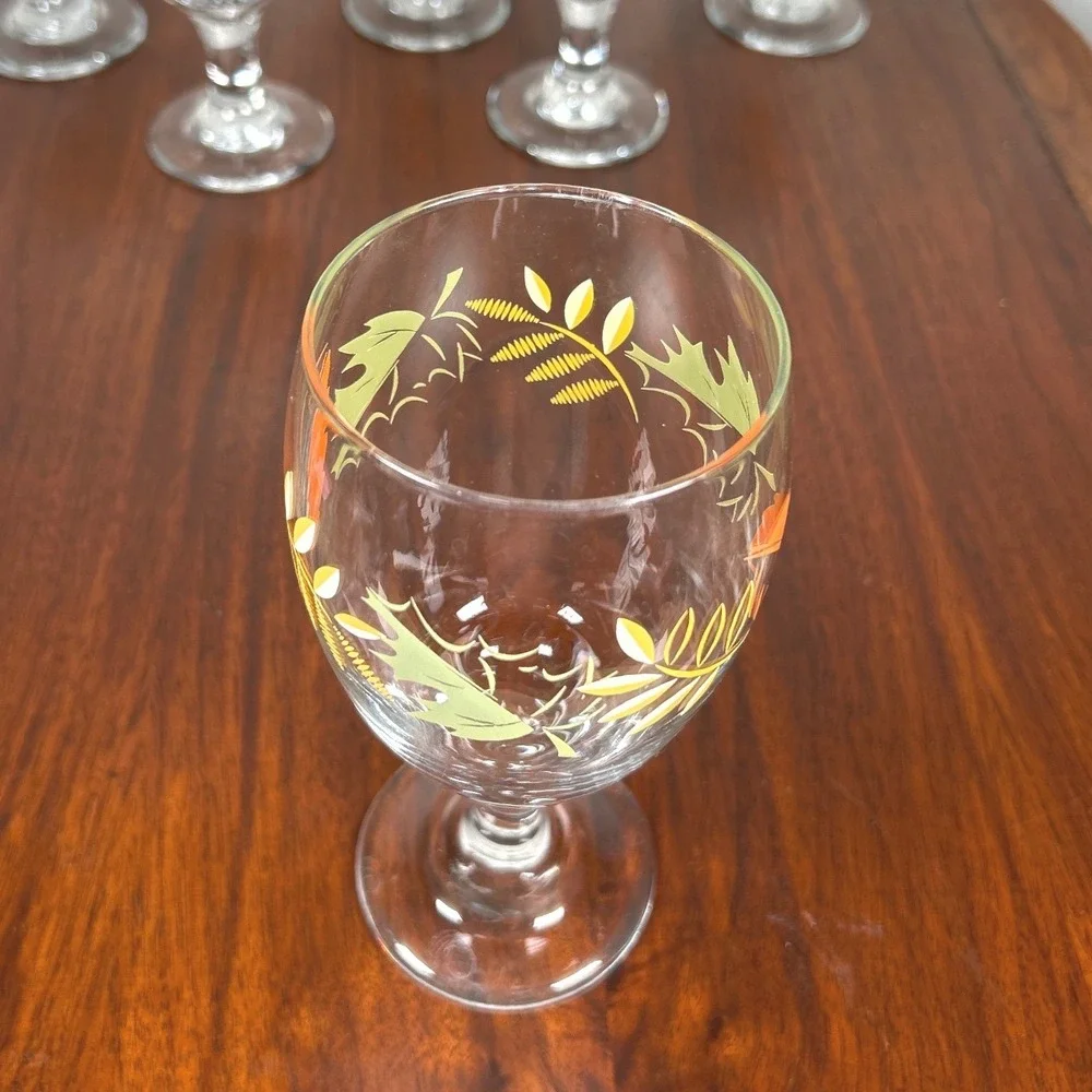 Libbey Autumn Leaf Stemmed Water Goblets Orange Green Fall SIX